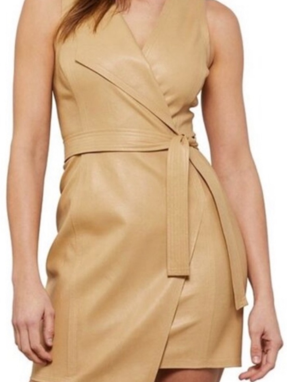 BCBGMaxAzria Layla Camel Sleeveless Faux-Leather Wrap Mini Dress